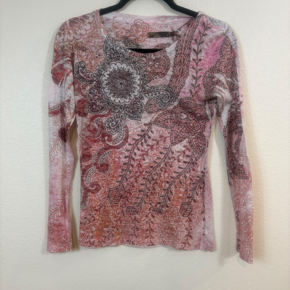 Prana Top Women S Pink Vtg 90s Y2K Paisley Long Sleeve Burnout Tee Boho Granola